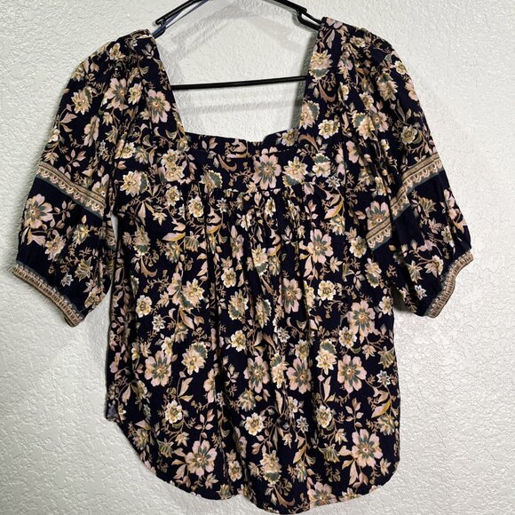 Roan & Ryan Top Womens Sz S Black Floral Peasant Cottage Flutter Sleeve Pleated - Picture 4 of 7